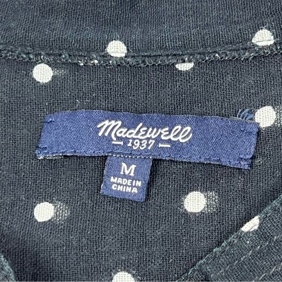 Madewell Black White Polka Dot Shirred 3/4 Sleeve Popover Peasant Blouse Medium - Picture 7 of 9